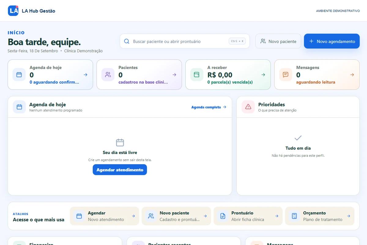 Prévia da interface do LA Hub Gestão com dados demonstrativos