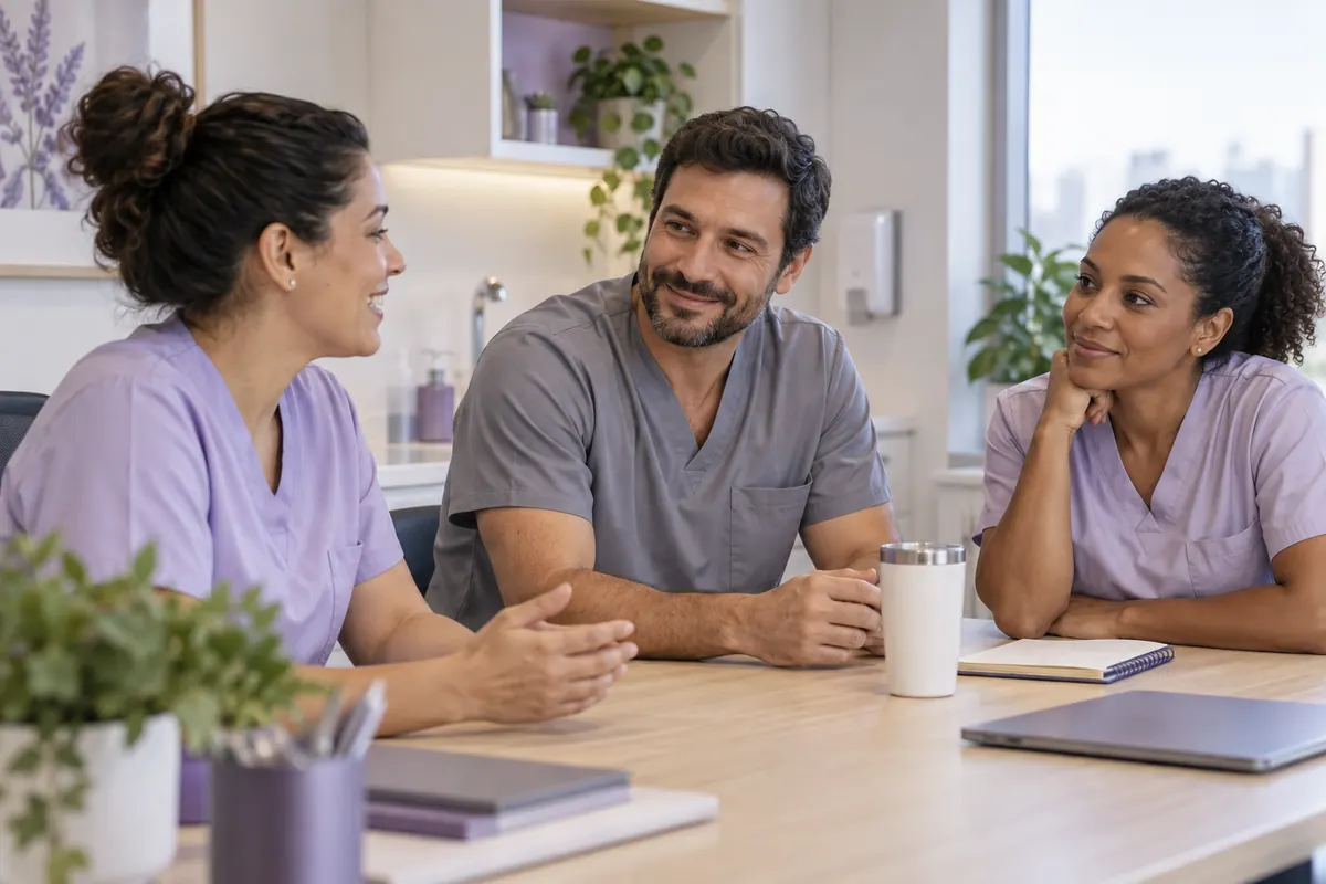 Profissionais de saúde conversando em um ambiente de trabalho
